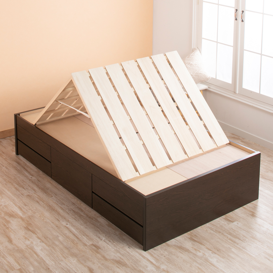 5杯引出 収納付きベッド 物干し  山折り すのこ  セミシングル／シングル／セミダブルベッド 日本製　ＢＯＸ型 すのこ   お布団  省スペース フレーム ヘッドレス ハーンの画像