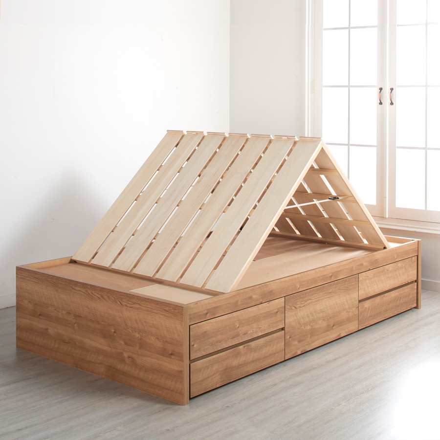 5杯引出 収納付きベッド 物干し  山折り すのこ  セミシングル／シングル／セミダブルベッド 日本製　ＢＯＸ型 すのこ   お布団  省スペース フレーム ヘッドレス ハーンの画像