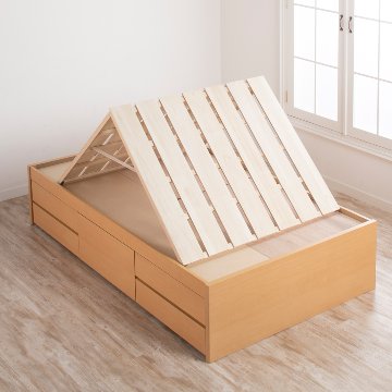 5杯引出 収納付きベッド 物干し  山折り すのこ  セミシングル／シングル／セミダブルベッド 日本製　ＢＯＸ型 すのこ   お布団  省スペース フレーム ヘッドレス ハーンの画像
