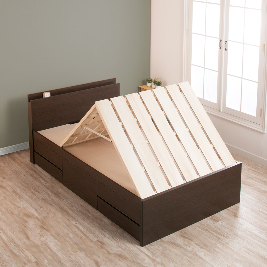 5杯引出 収納付きベッド 物干し  山折り すのこ  セミシングル／シングル／セミダブルベッド 日本製　ＢＯＸ型 すのこ   お布団 薄型カウンター 省スペース フレーム コンセント モンテロの画像