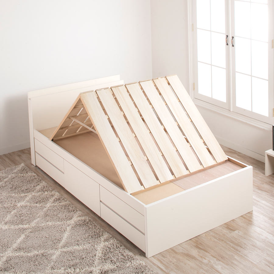 5杯引出 収納付きベッド 物干し  山折り すのこ  セミシングル／シングル／セミダブルベッド 日本製　ＢＯＸ型 すのこ   お布団 薄型カウンター 省スペース フレーム コンセント モンテロの画像