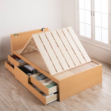 5杯引出 収納付きベッド 物干し  山折り すのこ  セミシングル／シングル／セミダブルベッド 日本製　ＢＯＸ型 すのこ   お布団 薄型カウンター 省スペース フレーム コンセント モンテロの画像