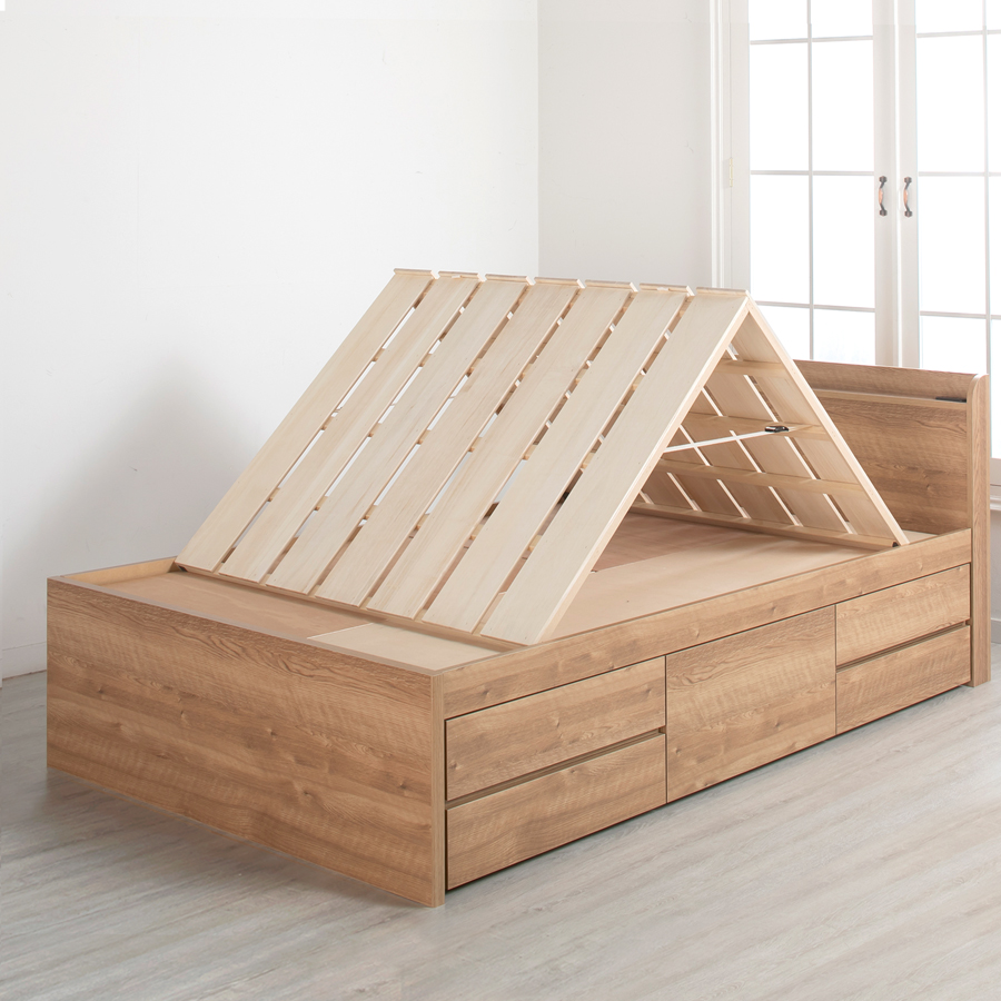 5杯引出 収納付きベッド 物干し  山折り すのこ  セミシングル／シングル／セミダブルベッド 日本製　ＢＯＸ型 すのこ   お布団 薄型カウンター 省スペース フレーム コンセント ミザールの画像