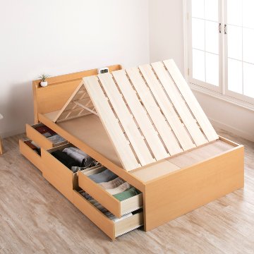 5杯引出 収納付きベッド 物干し  山折り すのこ  セミシングル／シングル／セミダブルベッド 日本製　ＢＯＸ型 すのこ   お布団 薄型カウンター 省スペース フレーム コンセント ミザールの画像