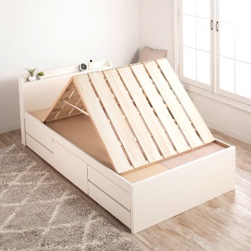 5杯引出 収納付きベッド 物干し  山折り すのこ  セミシングル／シングル／セミダブルベッド 日本製　ＢＯＸ型 すのこ   お布団 薄型カウンター 省スペース フレーム コンセント ミザールの画像