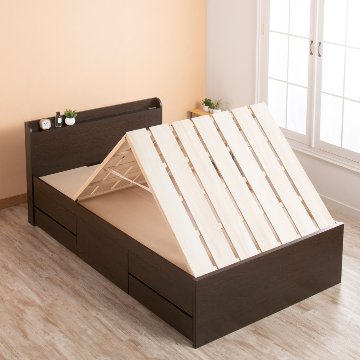 5杯引出 収納付きベッド 物干し  山折り すのこ  セミシングル／シングル／セミダブルベッド 日本製　ＢＯＸ型 すのこ   お布団 薄型カウンター 省スペース フレーム コンセント ミザールの画像
