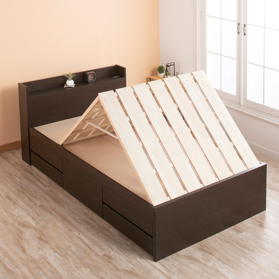 5杯引出 収納付きベッド 物干し  山折り すのこ  セミシングル／シングル／セミダブルベッド 日本製　ＢＯＸ型 すのこ   お布団 奥行広いカウンター 省スペース フレーム コンセント ファビアンの画像