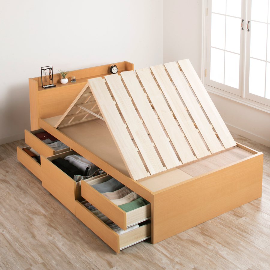 5杯引出 収納付きベッド 物干し  山折り すのこ  セミシングル／シングル／セミダブルベッド 日本製　ＢＯＸ型 すのこ   お布団 奥行広いカウンター 省スペース フレーム コンセント ファビアンの画像