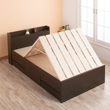 5杯引出 収納付きベッド 物干し  山折り すのこ  セミシングル／シングル／セミダブルベッド 日本製　ＢＯＸ型 すのこ   お布団 奥行広いカウンター 省スペース フレーム コンセント ファビアンの画像