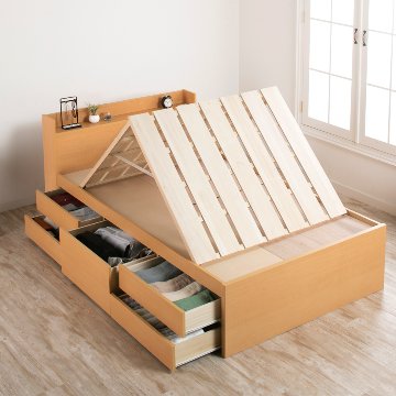 5杯引出 収納付きベッド 物干し  山折り すのこ  セミシングル／シングル／セミダブルベッド 日本製　ＢＯＸ型 すのこ   お布団 奥行広いカウンター 省スペース フレーム コンセント ファビアンの画像