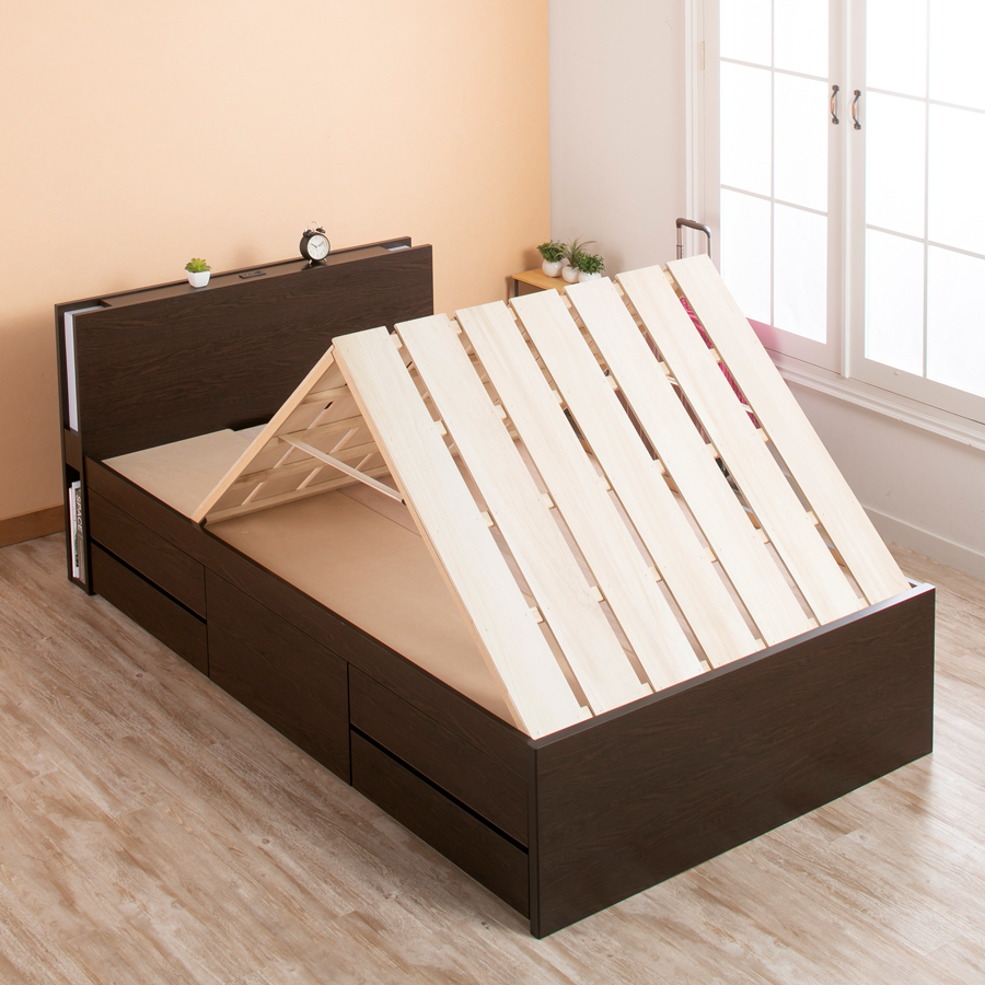 5杯引出 収納付きベッド 物干し  山折り すのこ  セミシングル／シングル／セミダブルベッド 日本製　ＢＯＸ型 お布団 照明 収納棚 カウンター  フレーム コンセント エルナトの画像