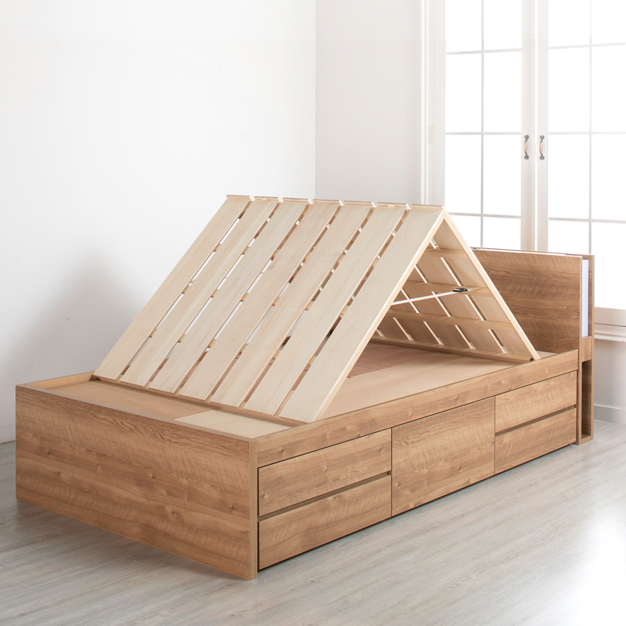 5杯引出 収納付きベッド 物干し  山折り すのこ  セミシングル／シングル／セミダブルベッド 日本製　ＢＯＸ型 お布団 照明 収納棚 カウンター  フレーム コンセント エルナトの画像