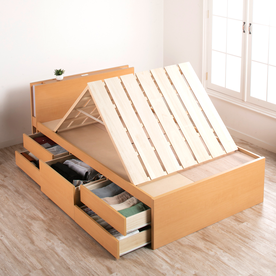 5杯引出 収納付きベッド 物干し  山折り すのこ  セミシングル／シングル／セミダブルベッド 日本製　ＢＯＸ型 お布団 照明 収納棚 カウンター  フレーム コンセント エルナトの画像