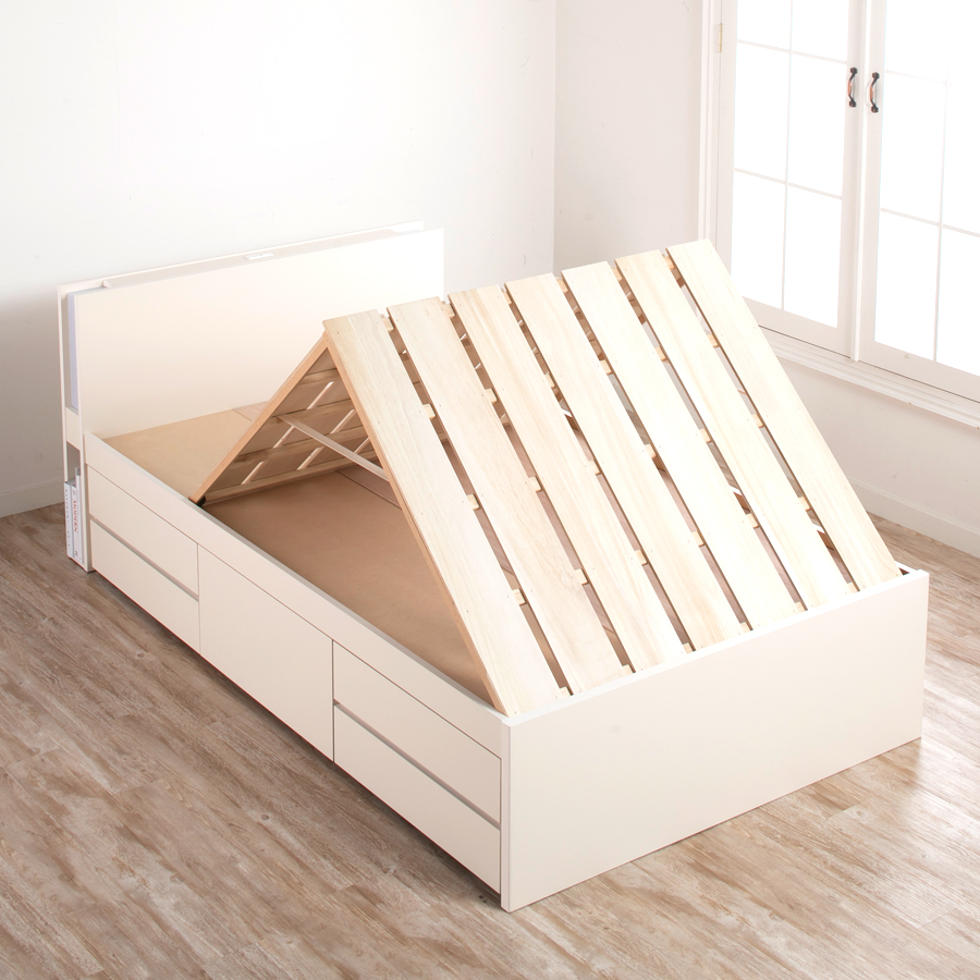 5杯引出 収納付きベッド 物干し  山折り すのこ  セミシングル／シングル／セミダブルベッド 日本製　ＢＯＸ型 お布団 照明 収納棚 カウンター  フレーム コンセント エルナトの画像