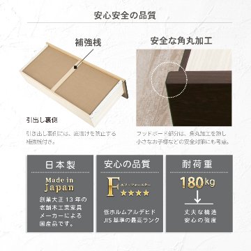 2杯引出し　収納付きベッド   日本製 スライドレール付 大容量  セミシングル／シングル／セミダブル  フレームのみ　コンセント　カリエラの画像