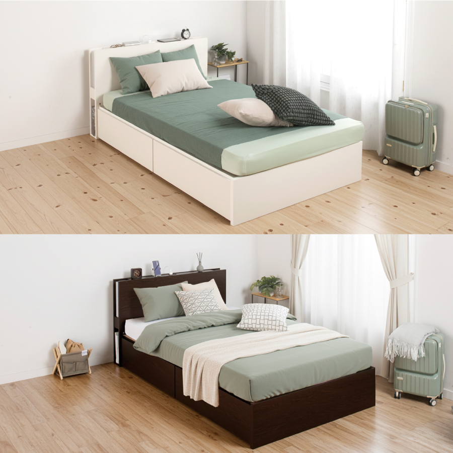 2杯引出し　収納付きベッド   日本製 スライドレール付 大容量  セミシングル／シングル／セミダブル  フレームのみ　コンセント 照明付き　ルイーザの画像