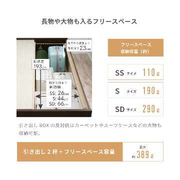 2杯引出し　収納付きベッド   日本製 スライドレール付 大容量  セミシングル／シングル／セミダブル  フレームのみ　コンセント　ロンザンの画像