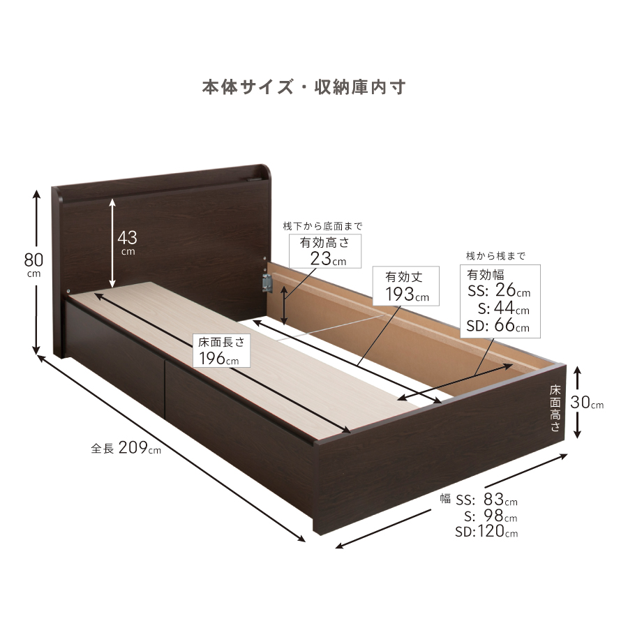 2杯引出し　収納付きベッド   日本製 スライドレール付 大容量  セミシングル／シングル／セミダブル  フレームのみ　コンセント　マントルの画像