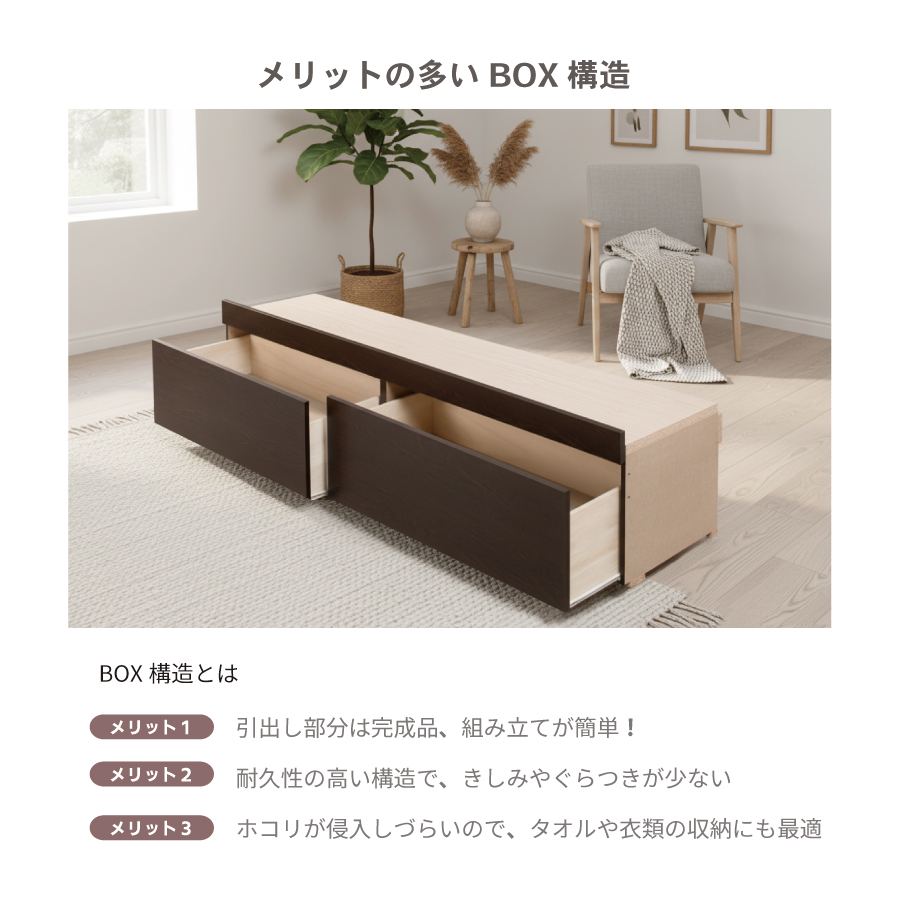 2杯収納付き すのこベッド チェストベッド 大型 国産ベッド 日本製 セミシングル／シングル／セミダブル ＢＯＸ型 チェスト ベッド すのこ 布団 ヘッドレス 省スペースベッド  2杯引出 サリオスの画像