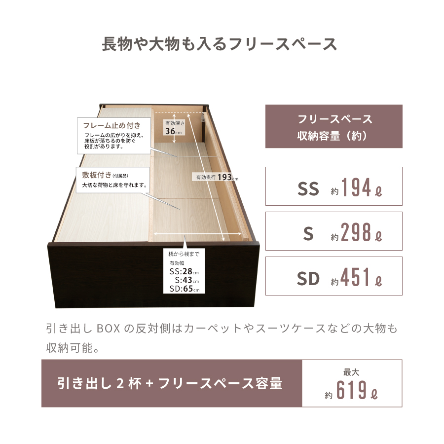 2杯収納付き すのこベッド チェストベッド 大型 国産ベッド 日本製 セミシングル／シングル／セミダブル ＢＯＸ型 チェスト ベッド すのこ 布団 ヘッドレス 省スペースベッド  2杯引出 サリオスの画像
