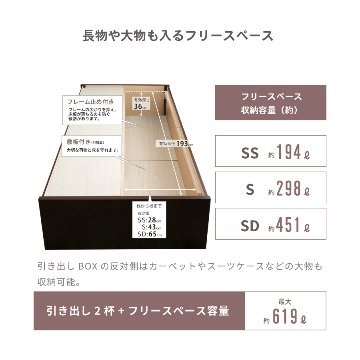 2杯収納付き すのこベッド チェストベッド 大型 国産ベッド 日本製 セミシングル／シングル／セミダブル ＢＯＸ型 チェスト ベッド すのこ 布団 ヘッドレス 省スペースベッド  2杯引出 サリオスの画像