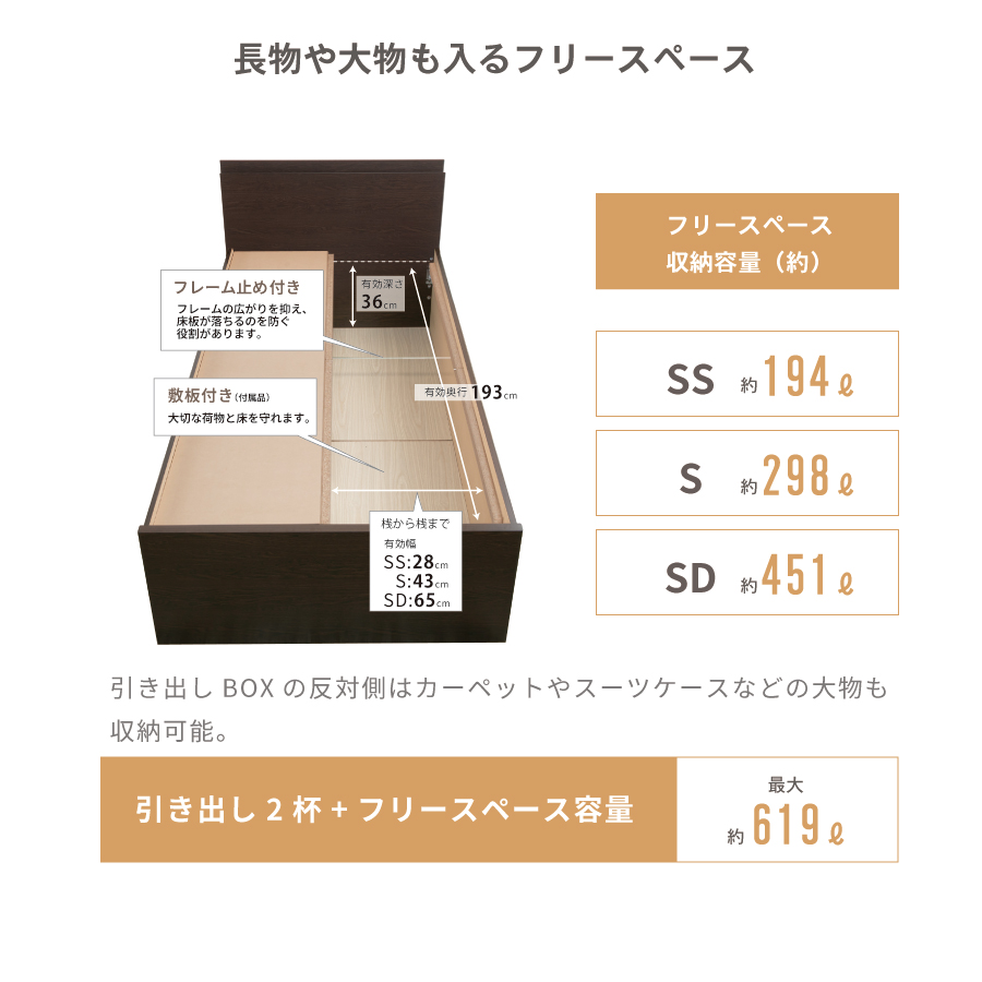 2杯収納付き すのこベッド チェストベッド 大型 日本製 セミシングル シングル セミダブル 2杯引出 ＢＯＸ型 チェスト ベッド すのこ 布団 薄型カウンター 省スペースベッド グラミーの画像