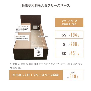2杯収納付き すのこベッド チェストベッド 大型 日本製 セミシングル シングル セミダブル 2杯引出 ＢＯＸ型 チェスト ベッド すのこ 布団 薄型カウンター 省スペースベッド グラミーの画像