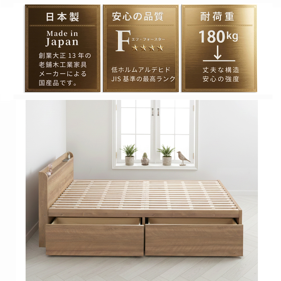 2杯収納付き すのこベッド　チェストベッド  国産ベッド 日本製 セミシングル／シングル／セミダブル 2杯引出 ＢＯＸ型  すのこ 布団 　ベッドフレーム　薄型カウンター 省スペース ゲイルの画像