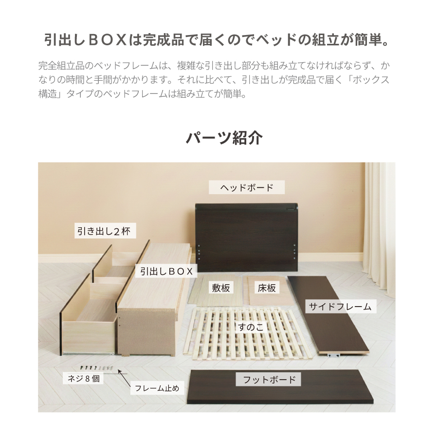 2杯収納付き すのこベッド　チェストベッド  国産ベッド 日本製 セミシングル／シングル／セミダブル 2杯引出 ＢＯＸ型  すのこ 布団 　ベッドフレーム　薄型カウンター 省スペース ゲイルの画像