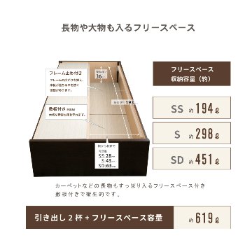 2杯引出 収納付きベッド 物干し  山折り すのこ  セミシングル／シングル／セミダブルベッド 日本製　ＢＯＸ型 すのこ   お布団  省スペース フレーム ヘッドレス ハーンの画像