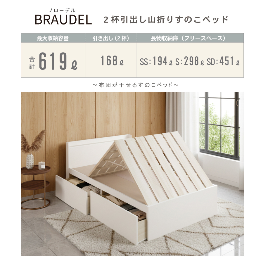 2杯引出 収納付きベッド 物干し  山折り すのこ  セミシングル／シングル／セミダブルベッド 日本製　ＢＯＸ型 すのこ   お布団 薄型カウンター 省スペース フレーム コンセント 　ブローデルの画像