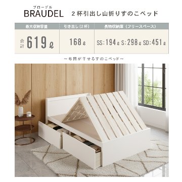 2杯引出 収納付きベッド 物干し  山折り すのこ  セミシングル／シングル／セミダブルベッド 日本製　ＢＯＸ型 すのこ   お布団 薄型カウンター 省スペース フレーム コンセント 　ブローデルの画像