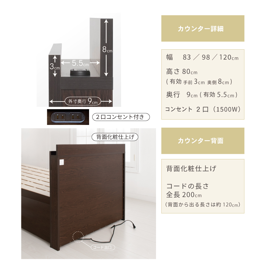 2杯引出 収納付きベッド 物干し  山折り すのこ  セミシングル／シングル／セミダブルベッド 日本製　ＢＯＸ型 すのこ   お布団 薄型カウンター 省スペース フレーム コンセント モンテロの画像