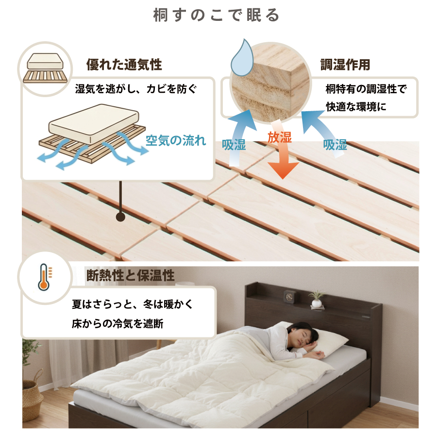 2杯引出 収納付きベッド 物干し  山折り すのこ  セミシングル／シングル／セミダブルベッド 日本製　ＢＯＸ型 すのこ   お布団 奥行広いカウンター 省スペース フレーム コンセント ファビアンの画像