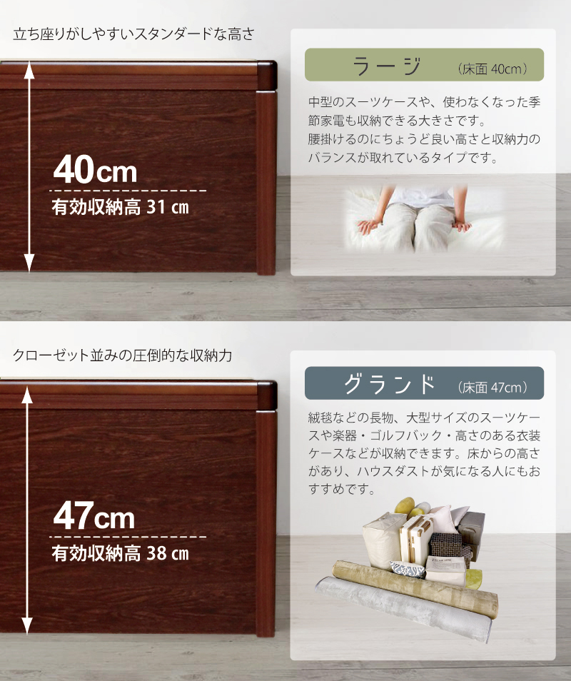 高さ33/40/47cm 収納付 ベッド 大型大量　山型  山折りすのこ  布団が干せる セミダブル カウンター   日本製フレーム  ガス圧 縦開き リフトアップ  跳ね上げ  ロートブルグ　#13の画像