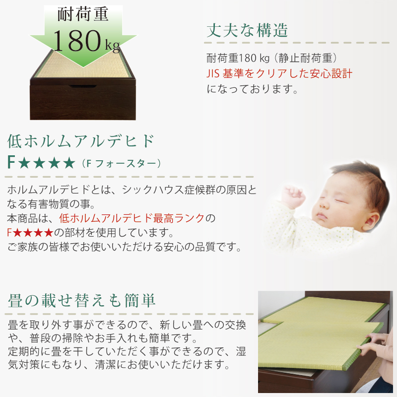 ガス圧式跳ね上げ 畳 収納 ベッド フラット パネル 国産畳 セミダブル 床面高さ33/40/47cm  収納付き ベッド 日本製 フレーム  縦開き  山吹 やまぶき   #13 の画像