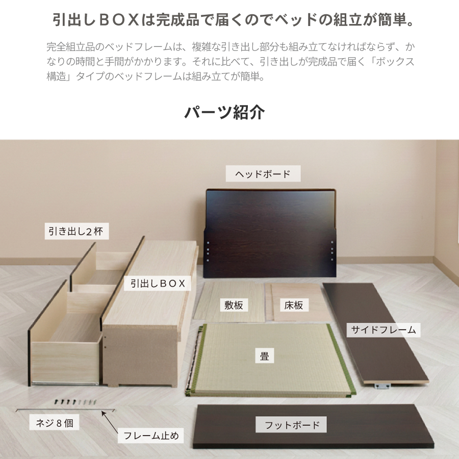 収納付きベッド シングル 畳ベッド 国産畳 収納 2杯引き出し チェストベッド  パネルタイプ 引出レール付き 日本製 国産フレーム 2杯引出しの画像