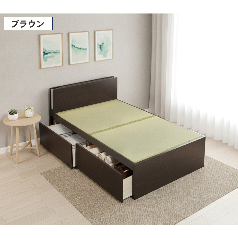 引出収納畳ベッド シングル／セミダブルベッド 国産畳 収納 引き出し 収納付き 国産 日本製 収納棚 コンセント付き 引出レール付き 2杯引出し畳 照明付きカウンターの画像