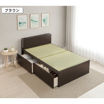 引出収納畳ベッド シングル／セミダブルベッド 国産畳 収納 引き出し 収納付き 国産 日本製 収納棚 コンセント付き 引出レール付き 2杯引出し畳 照明付きカウンターの画像