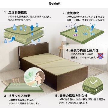 引出収納畳ベッド シングル／セミダブルベッド 国産畳 収納 引き出し 収納付き 国産 日本製 収納棚 コンセント付き 引出レール付き 2杯引出し畳 照明付きカウンターの画像