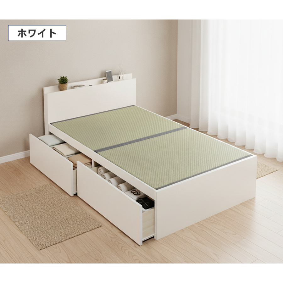 引出収納畳ベッド  日本製 国産 美草畳 シングル／セミダブル コンセント 収納 引出スライドレール付き 送料込み  2杯引出し畳 カウンター　宮の画像