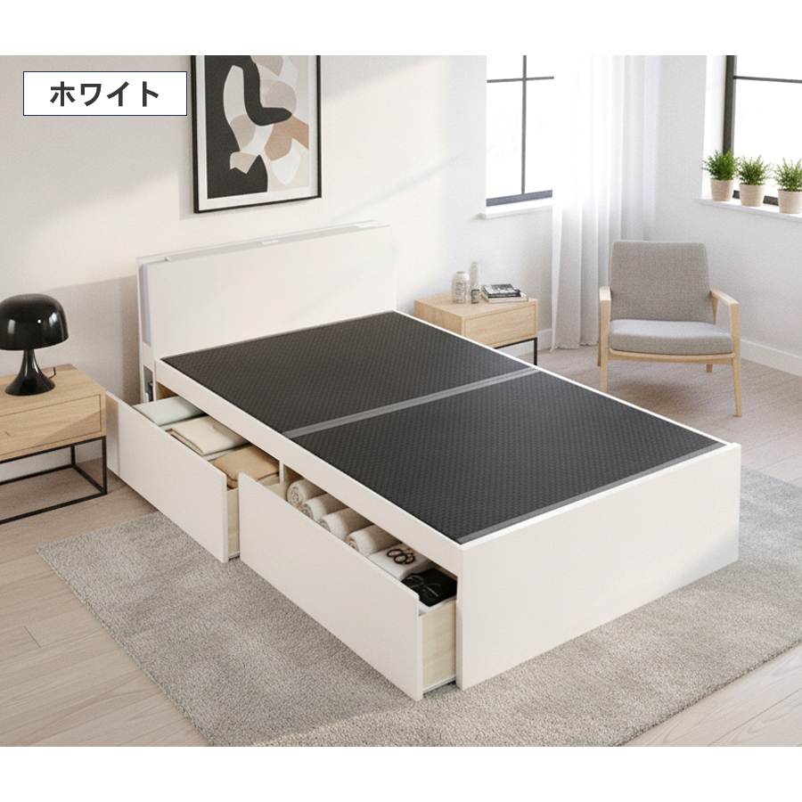 引出収納畳ベッド  日本製 国産 美草畳 シングル／セミダブル コンセント 収納 引出スライドレール付き 送料込み  2杯引出し 照明付きカウンターの画像