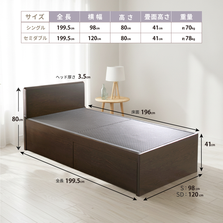 引出収納畳ベッド 2杯引出し 日本製 国産 美草畳 シングル／セミダブル 大容量収納 引出スライドレール付き送料込み 2杯引出し畳 美草畳 フラットパネルの画像
