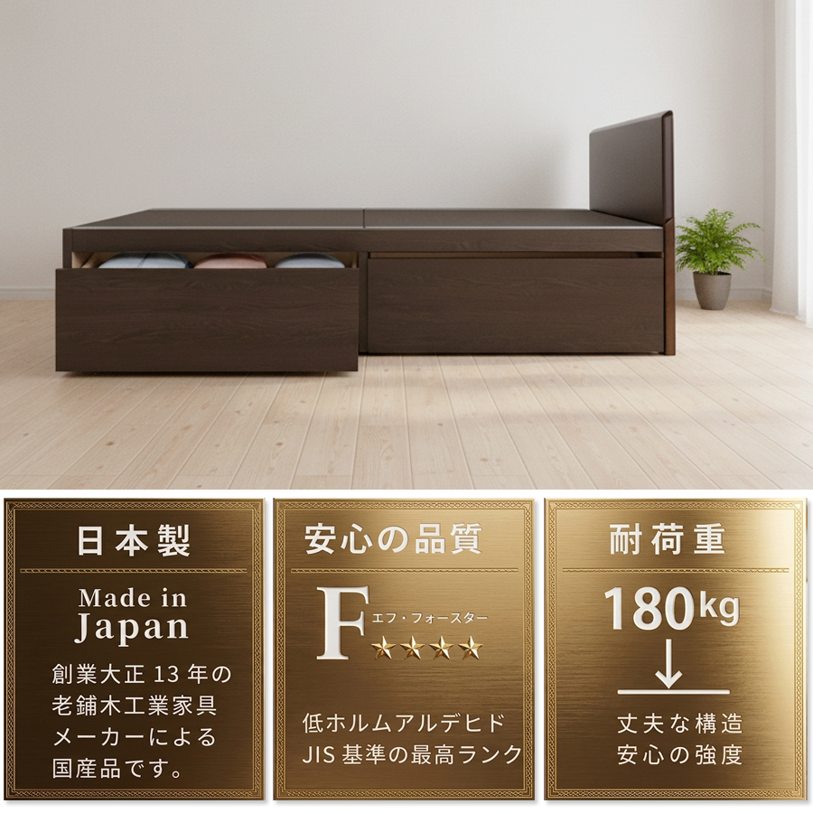 引出収納畳ベッド 2杯引出し 日本製 国産 美草畳 シングル／セミダブル 大容量収納 引出スライドレール付き送料込み 2杯引出し畳 美草畳 フラットパネルの画像