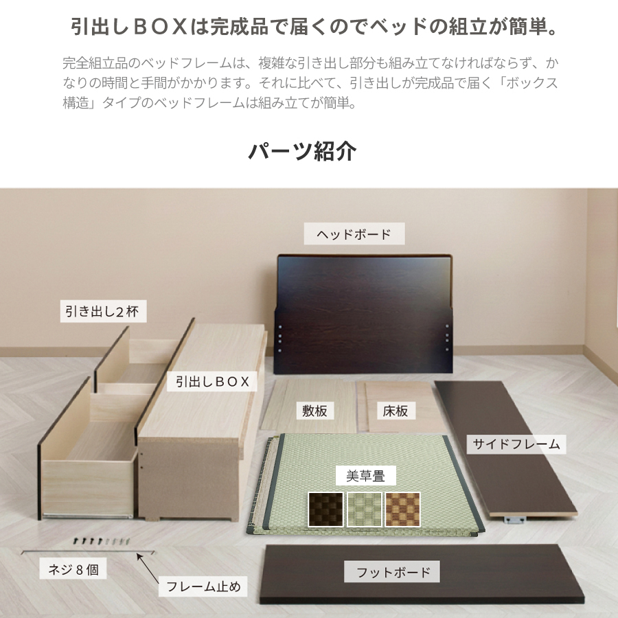 引出収納畳ベッド 2杯引出し 日本製 国産 美草畳 シングル／セミダブル 大容量収納 引出スライドレール付き送料込み 2杯引出し畳 美草畳 フラットパネルの画像