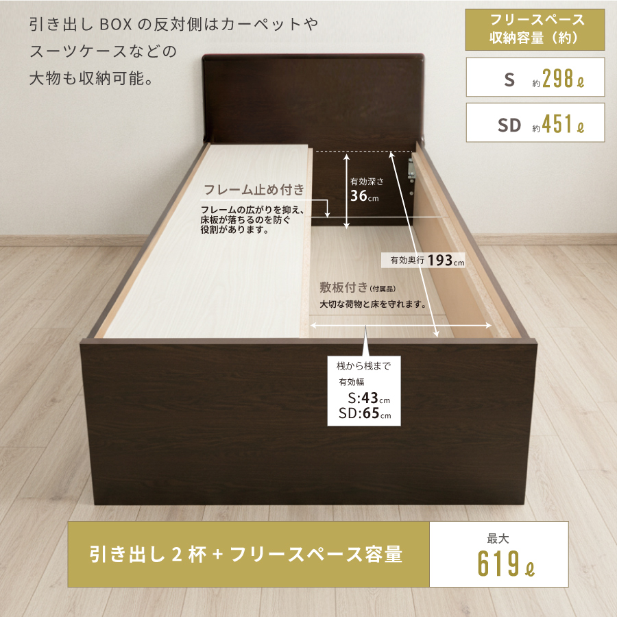 収納付きベッド シングル/セミダブル 畳ベッド 収納 引き出し  パネルタイプ 引出レール付き 日本製 国産フレーム 2杯引出し ヘリ無し輸入畳の画像