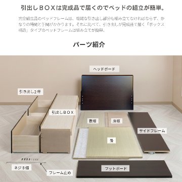 収納付きベッド シングル/セミダブル 畳ベッド 収納 引き出し  パネルタイプ 引出レール付き 日本製 国産フレーム 2杯引出し ヘリ無し輸入畳の画像