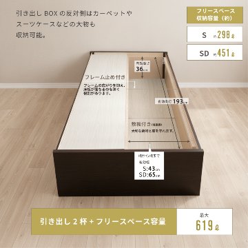 収納付きベッド シングル／セミダブル 畳ベッド 収納 引き出し  ヘッドレス 引出レール付き 日本製フレーム 2杯引出し ヘリ無し  ヘッドレス 輸入畳の画像