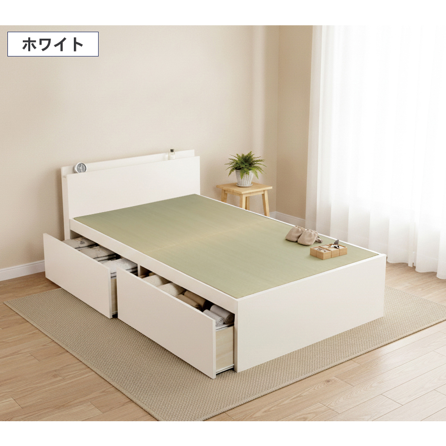 収納付きベッド シングル／セミダブル 輸入畳 収納  引き出し 収納付き 日本製フレーム カウンタータイプ 　宮付き　コンセント付き　引出レール付きフレーム 2杯引出し ヘリ無し輸入畳の画像