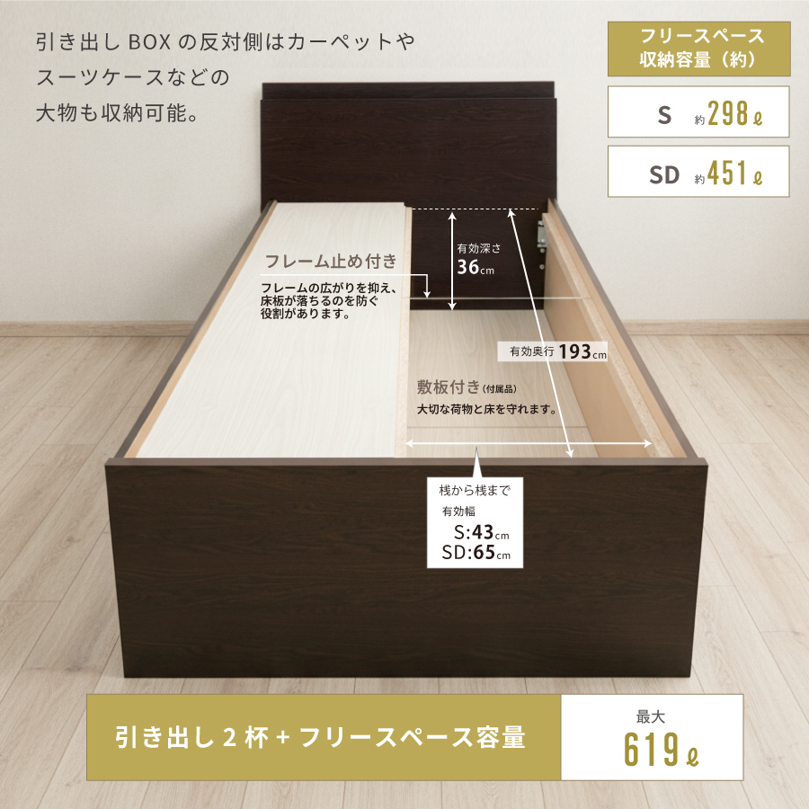 収納付きベッド シングル／セミダブル 輸入畳 収納  引き出し 収納付き 日本製フレーム カウンタータイプ 　宮付き　コンセント付き　引出レール付きフレーム 2杯引出し ヘリ無し輸入畳の画像